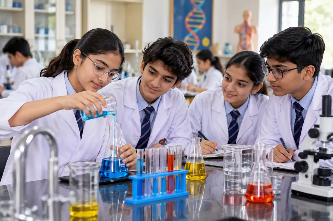 Students participating in a practical laboratory session at KIS Karnal
